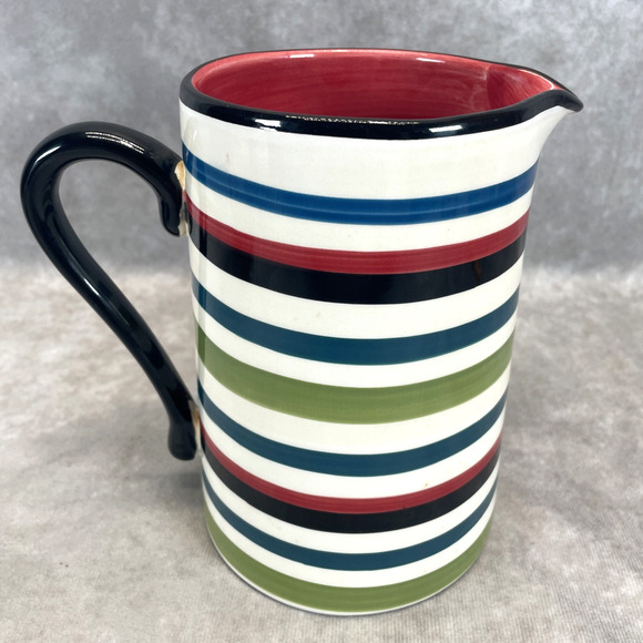 HTF Living Art "Roy" Ceramic Striped Pitcher Jug 7" Multi Colored Hand Painted - Picture 1 of 7